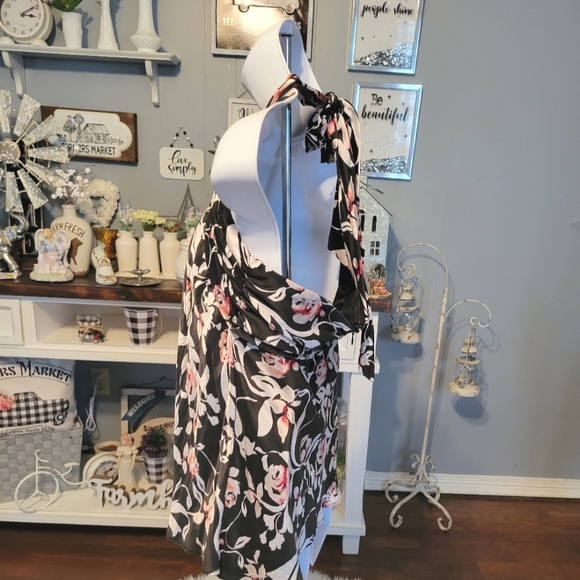 White House Black Market Silk Floral Neck Tie Sleeveless Blouse Halter Tap Sz 4 - Picture 4 of 11